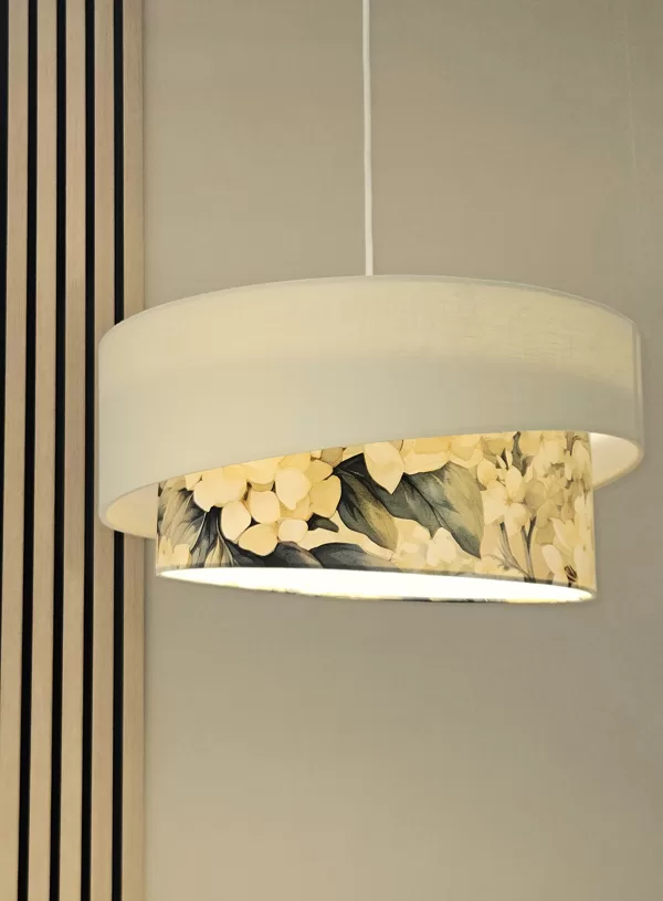 Slīpā tortītes formas griestu lampa ar lina un printa audumu, D50cm