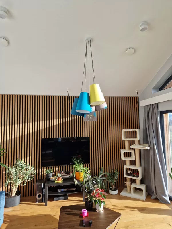 Pušķu lampa ar 5 abažūriem, griestu augstumam 3,3 m