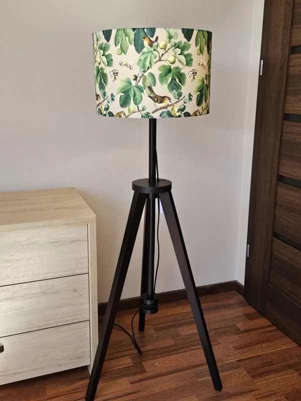 Melna stāvlampa ar skaistu printa auduma abažūru, D40cm H26cm